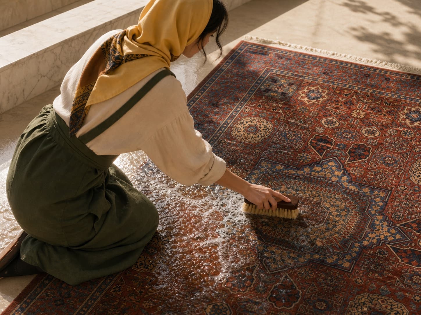 Hand-washing an oriental rug with a soft brush and clear water